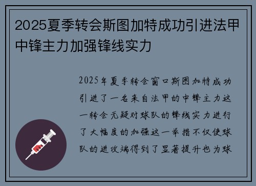 2025夏季转会斯图加特成功引进法甲中锋主力加强锋线实力 2025夏季转会斯图加特成功引进法甲中锋主力加强锋线实力